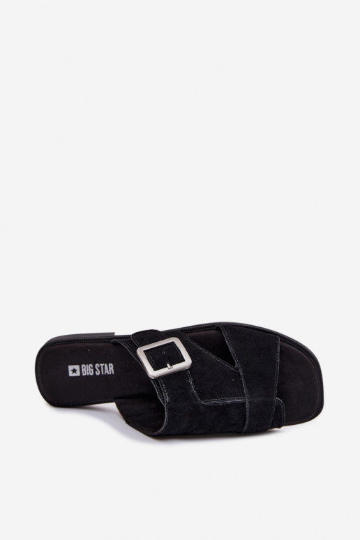 Moteriškos zomšinės šlepetės su plačiais kulniukais su sagtimis Big Star TT274477 juodos spalvos