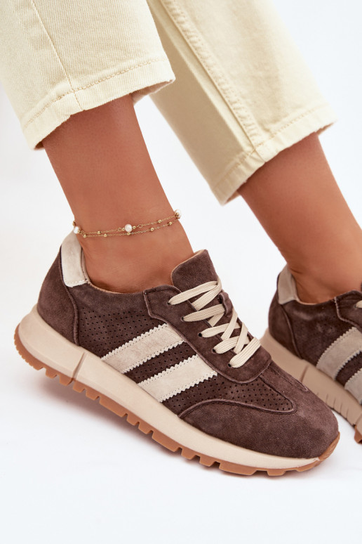 Moterų sportbačiai iš dirbtinės odos rudos spalvos