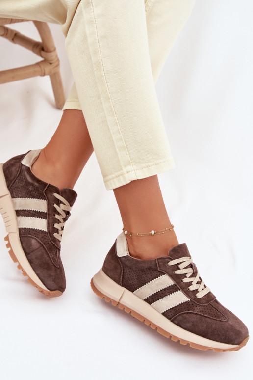 Moterų sportbačiai iš dirbtinės odos rudos spalvos