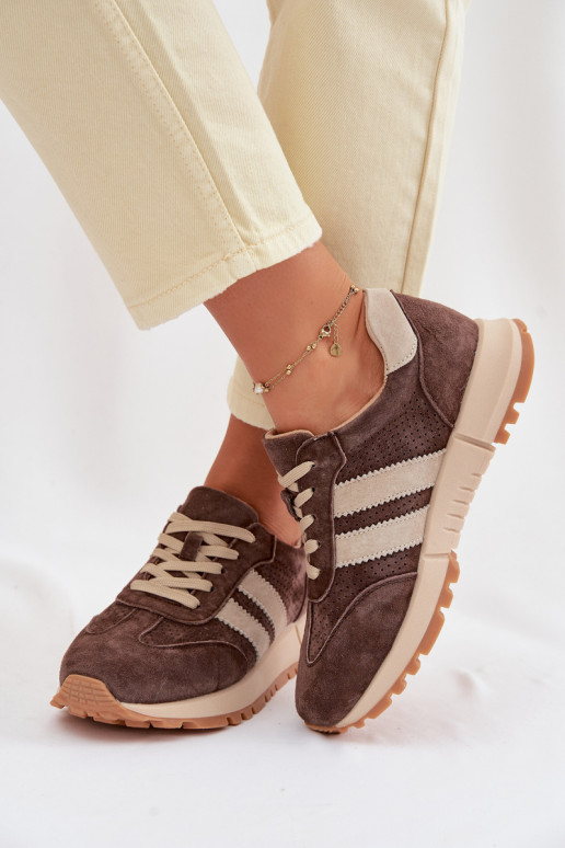 Moterų sportbačiai iš dirbtinės odos rudos spalvos