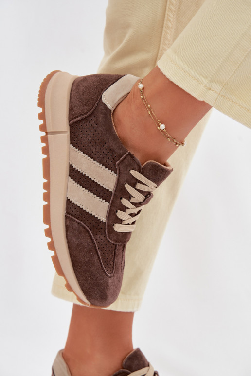 Moterų sportbačiai iš dirbtinės odos rudos spalvos