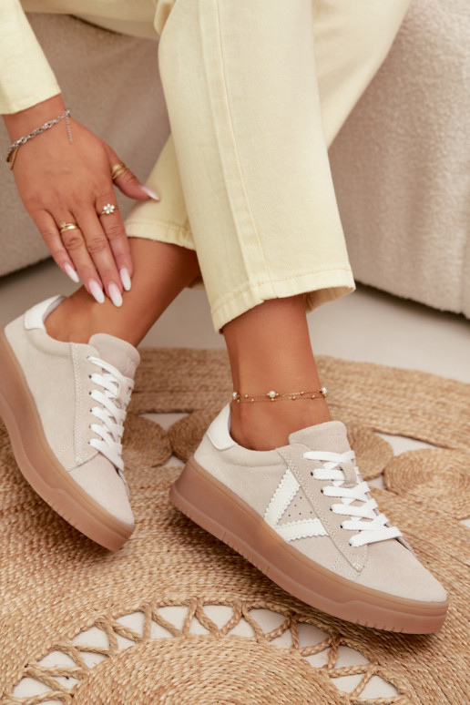 Moteriški sportinio stiliaus batai iš natūralios zomšos su platforma Vinceza 79597 smėlio spalvos