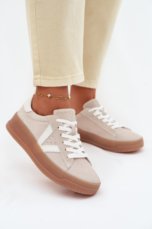 Moteriški sportinio stiliaus batai iš natūralios zomšos su platforma Vinceza 79597 smėlio spalvos