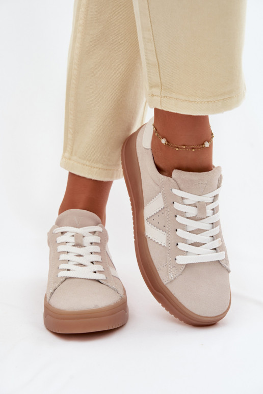 Moteriški sportinio stiliaus batai iš natūralios zomšos su platforma Vinceza 79597 smėlio spalvos