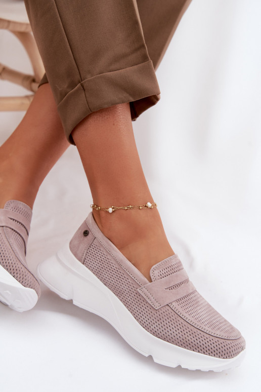 Moteriški mokasinai iš natūralios zomšos su platforma Vinceza 79626 smėlio spalvos