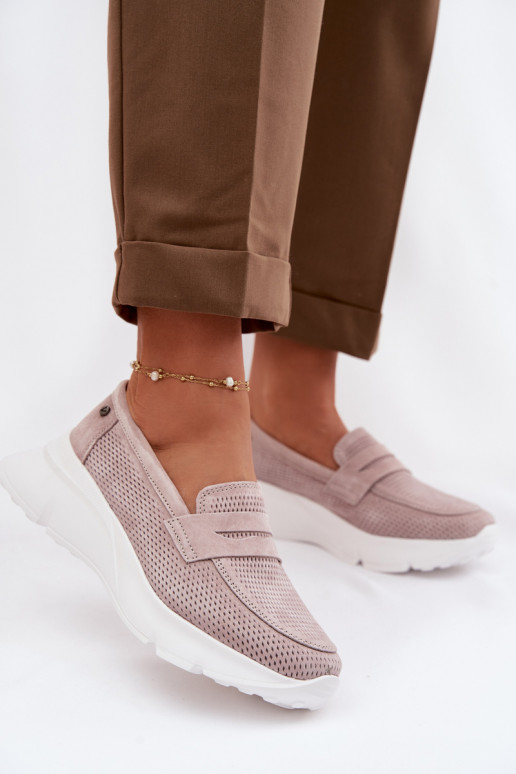 Moteriški mokasinai iš natūralios zomšos su platforma Vinceza 79626 smėlio spalvos