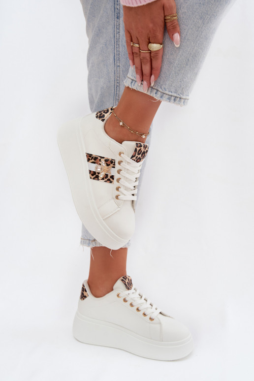 Sneakers modelio batai Moteriškas su platformasuPrzypinką baltos spalvos su leopardo kailio raštais Palvessa