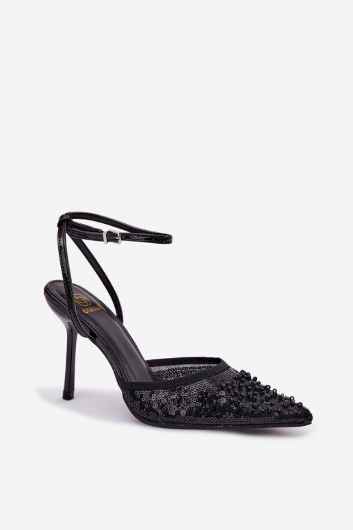 Moteriškos basutės su plonais kulniukais Dekoruotas blizgučiais I koralinės spalvosikami juodos spalvos Nedira