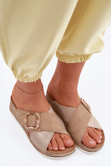 Moteriškos šlepetės su platforma dekoruoti su sagtimis Inblu RV000012 rudos spalvos