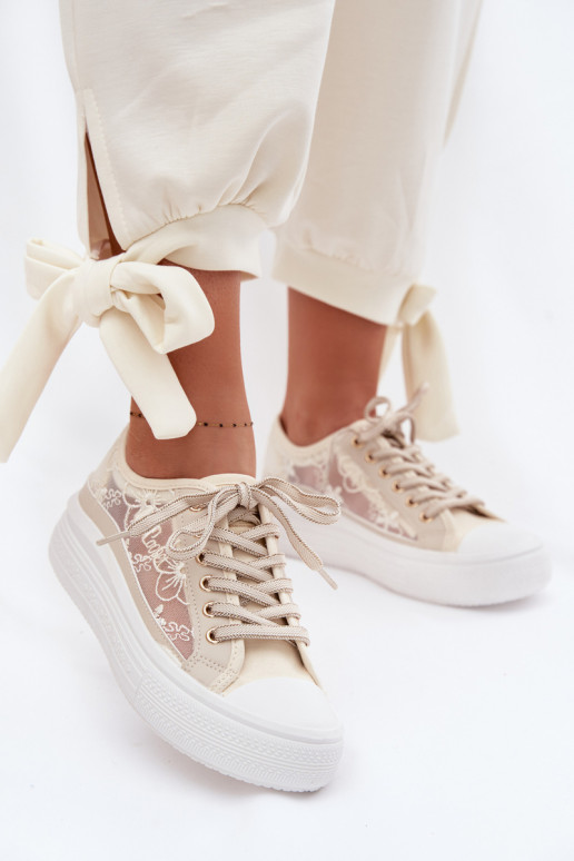 Laisvalaikio bateliai su nėriniais su platforma Lee Cooper LCIN-26-44-4481 smėlio spalvos