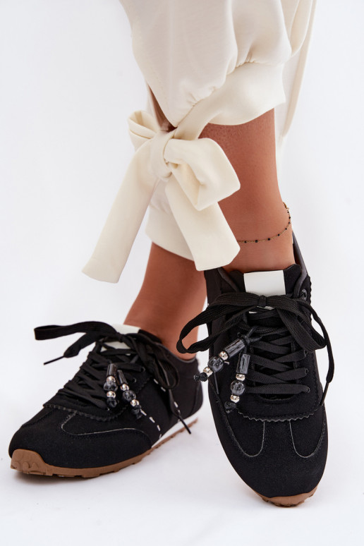 Sneakers modelio batai Moteriškos žemos su karoliukais juodos spalvos Galora