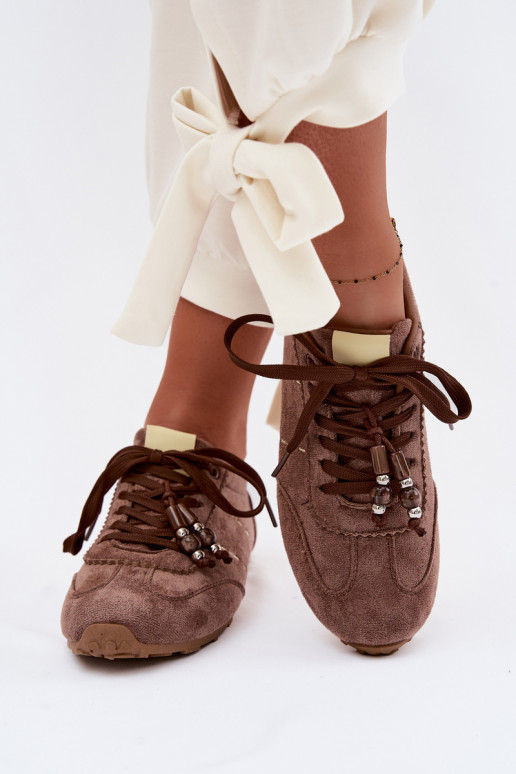 Sneakers modelio batai Moteriškos žemos su karoliukais rudos spalvos Galora