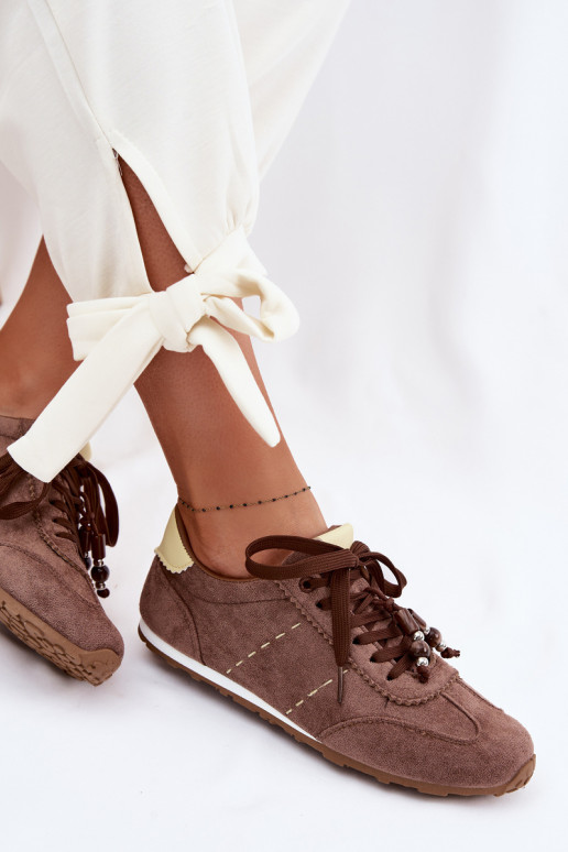 Sneakers modelio batai Moteriškos žemos su karoliukais rudos spalvos Galora