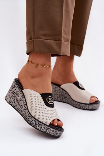 Odinės šlepetės su platforma su ornamentais S.Barski LR61-7011 smėlio spalvos