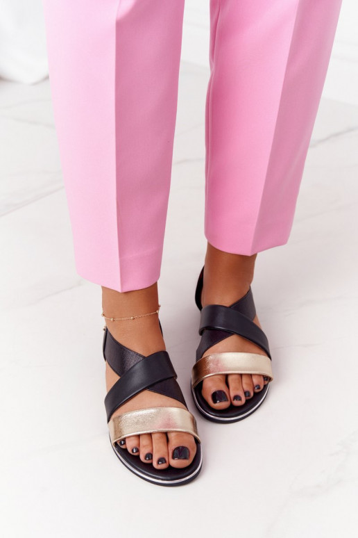 Odiniai sandalai su šluotele aukso-juodos spalvos Apulia