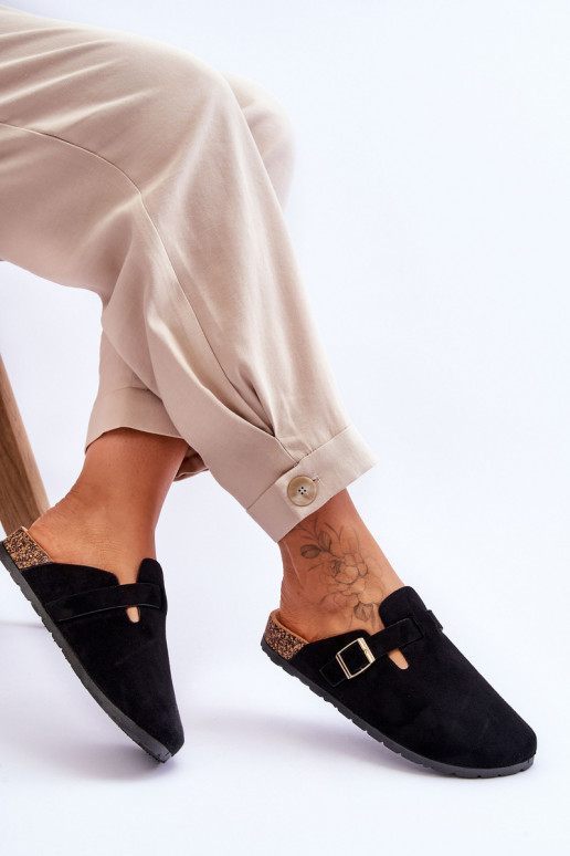 Zomšinės šlepetės ant kamštinės platformos juodos spalvos Vellma