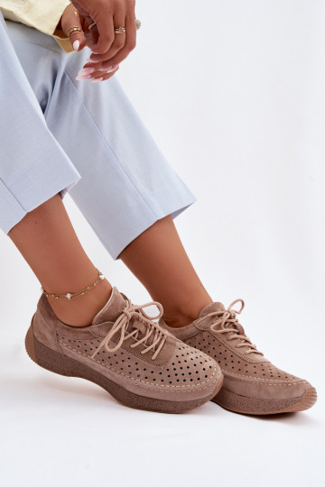 Odiniai batai sneakers modelio moteriški su ažūro elementais Sergio Leone SP-013 rudos spalvos