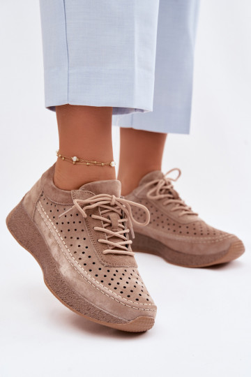 Odiniai batai sneakers modelio moteriški su ažūro elementais Sergio Leone SP-013 rudos spalvos 2