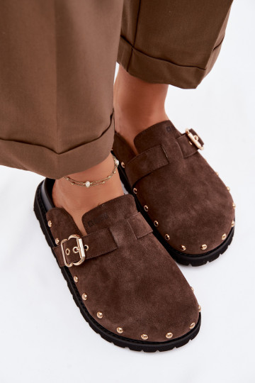 Šlepetės Klumpės iš zomšos su platforma su kniedėmis I su sagtimis Big Star TT274952 CzekoladoĮe