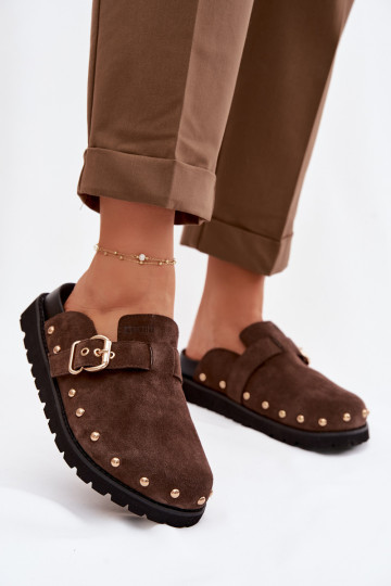 Šlepetės Klumpės iš zomšos su platforma su kniedėmis I su sagtimis Big Star TT274952 CzekoladoĮe 2