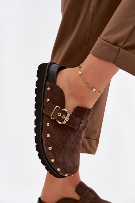 Šlepetės Klumpės iš zomšos su platforma su kniedėmis I su sagtimis Big Star TT274952 CzekoladoĮe