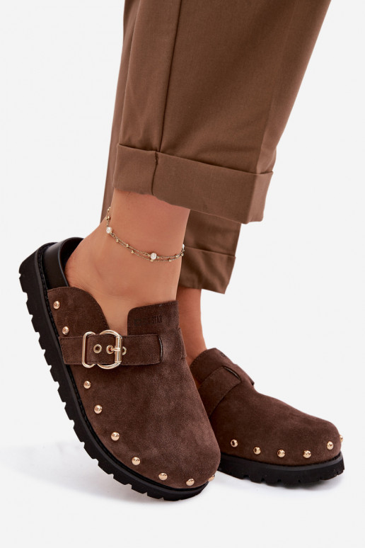 Šlepetės Klumpės iš zomšos su platforma su kniedėmis I su sagtimis Big Star TT274952 CzekoladoĮe