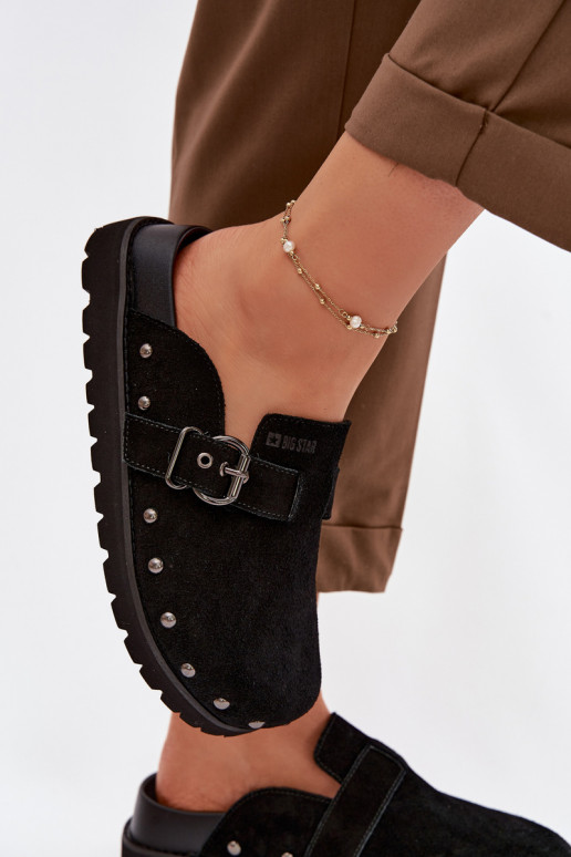 Šlepetės Klumpės iš zomšos su platforma su kniedėmis I su sagtimis Big Star TT274951 juodos spalvos