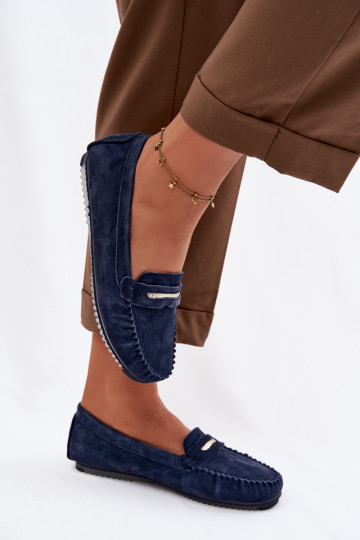 lygiapadžiai moteriški mokasinaisuĮjungtaturalnego iš zomšosu S.Barski LR61-7029 tamsiai mėlynos spalvos