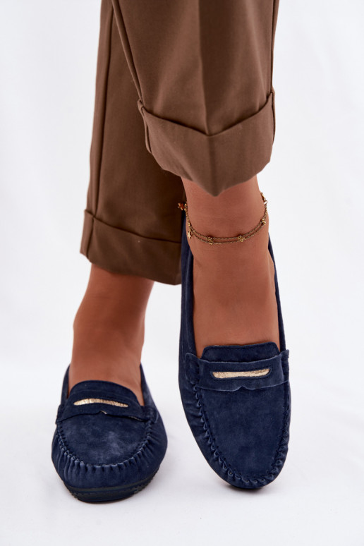 lygiapadžiai moteriški mokasinaisuĮjungtaturalnego iš zomšosu S.Barski LR61-7029 tamsiai mėlynos spalvos