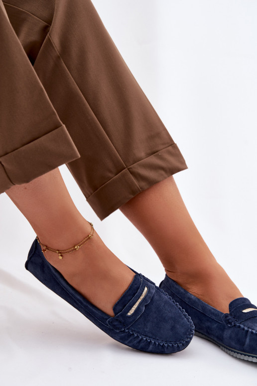 lygiapadžiai moteriški mokasinaisuĮjungtaturalnego iš zomšosu S.Barski LR61-7029 tamsiai mėlynos spalvos