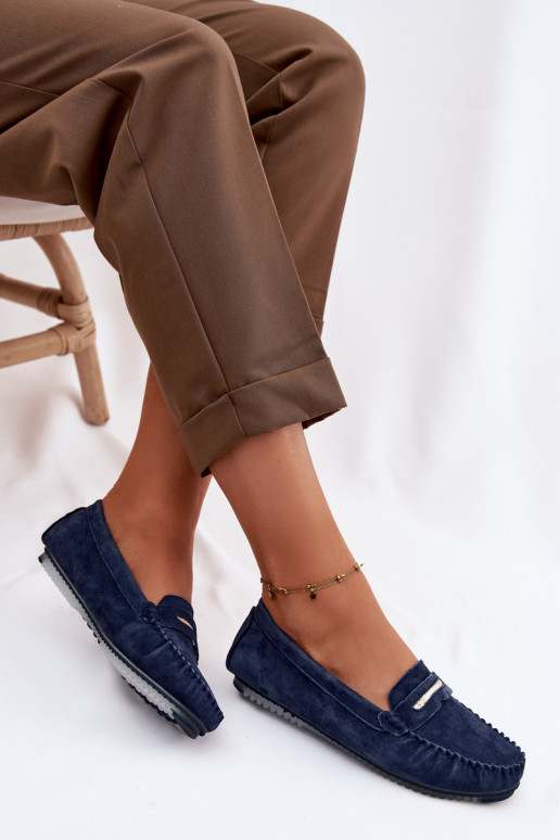 lygiapadžiai moteriški mokasinaisuĮjungtaturalnego iš zomšosu S.Barski LR61-7029 tamsiai mėlynos spalvos