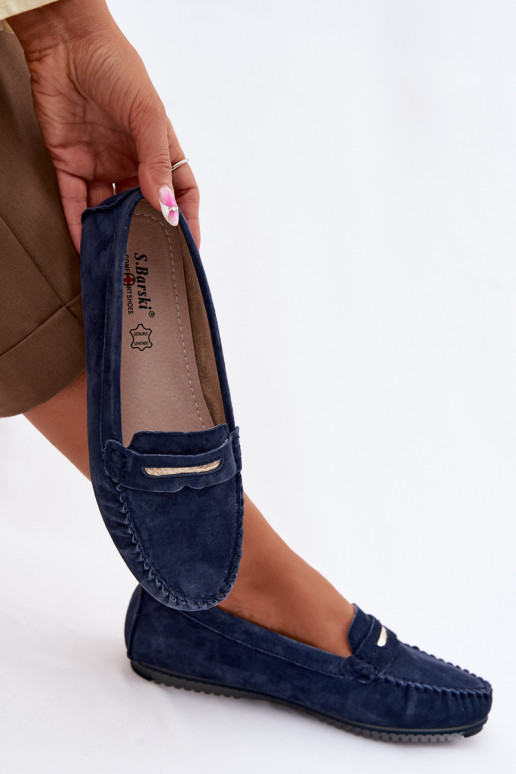 lygiapadžiai moteriški mokasinaisuĮjungtaturalnego iš zomšosu S.Barski LR61-7029 tamsiai mėlynos spalvos