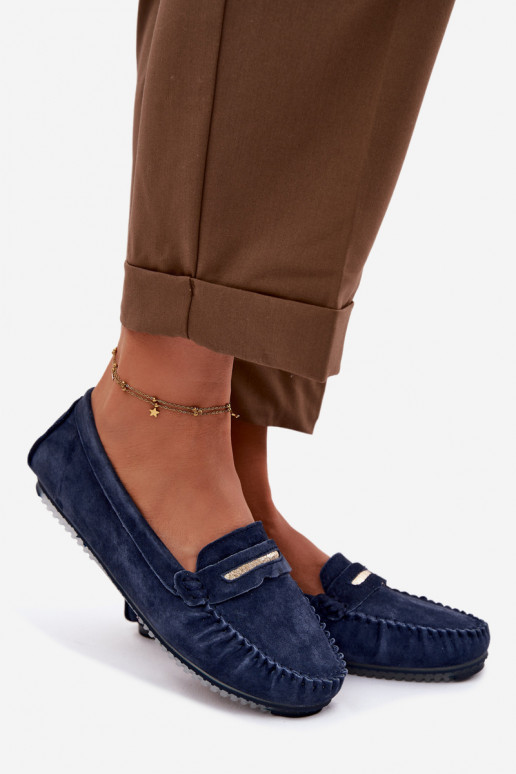 lygiapadžiai moteriški mokasinaisuĮjungtaturalnego iš zomšosu S.Barski LR61-7029 tamsiai mėlynos spalvos