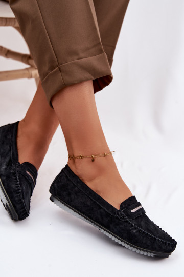 lygiapadžiai moteriški mokasinaisuĮjungtaturalnego iš zomšosu S.Barski LR61-7029 juodos spalvos