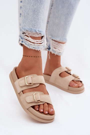 Moteriškos šlepetės Ze aukso spalvosmi su sagtimismi smėlio spalvos Pelorin 2