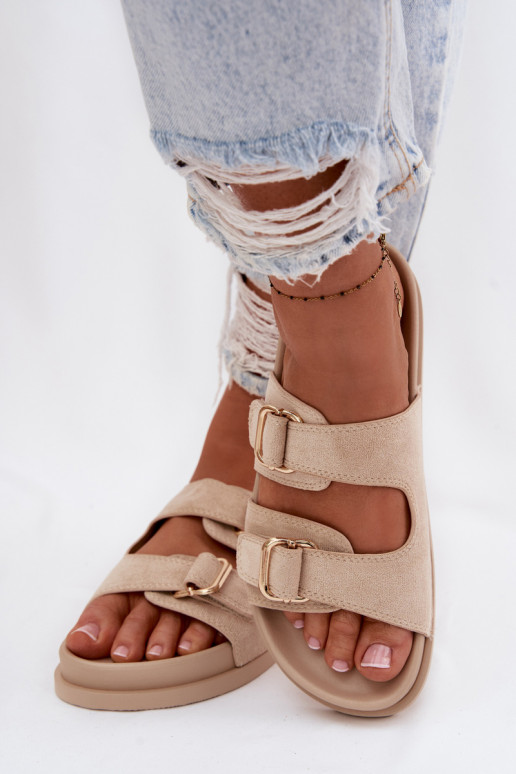 Moteriškos šlepetės Ze aukso spalvosmi su sagtimismi smėlio spalvos Pelorin