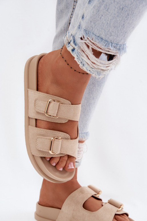 Moteriškos šlepetės Ze aukso spalvosmi su sagtimismi smėlio spalvos Pelorin