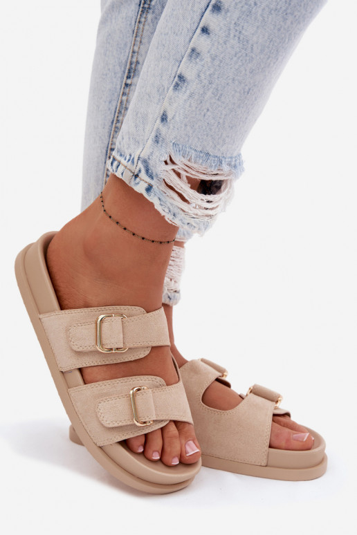 Moteriškos šlepetės Ze aukso spalvosmi su sagtimismi smėlio spalvos Pelorin