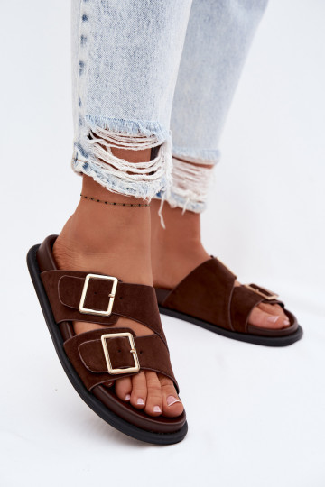 Moteriškos šlepetėssuImitacji iš zomšosu aukso spalvos su sagtelėmis CzekoladoĮe Selissea 2