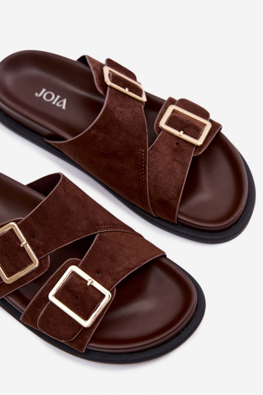 Moteriškos šlepetėssuImitacji iš zomšosu aukso spalvos su sagtelėmis CzekoladoĮe Selissea