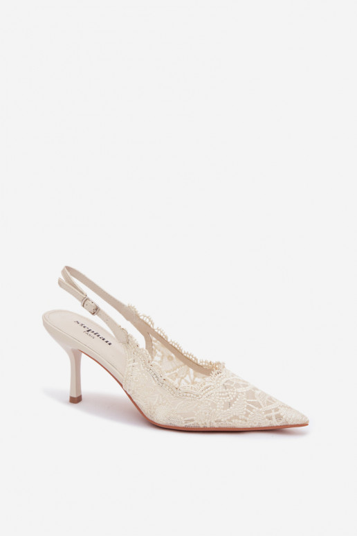 Nėriniuotos basutės su plonais kulniukais dramblio kaulo spalvos Carielle