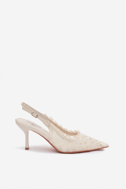 Nėriniuotos basutės su plonais kulniukais dramblio kaulo spalvos Carielle