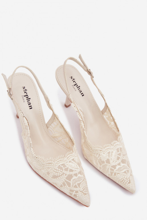 Nėriniuotos basutės su plonais kulniukais dramblio kaulo spalvos Carielle