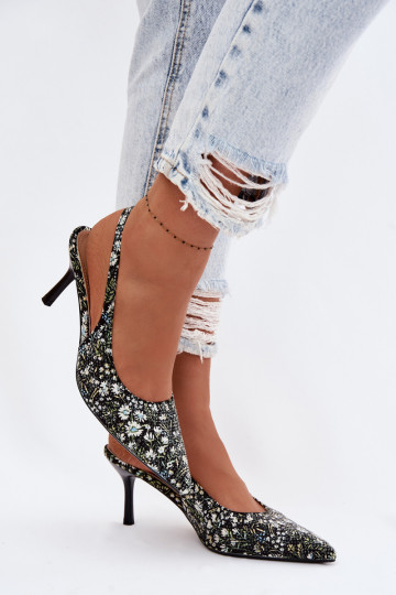 Dekoruotos Moteriškos basutės su plonais kulniukais su gėlytėmis juodos spalvos Olivelle