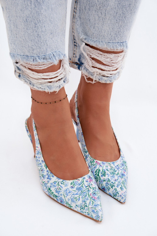 Dekoruotos Moteriškos basutės su plonais kulniukais su gėlytėmis mėlynos spalvos Olivelle