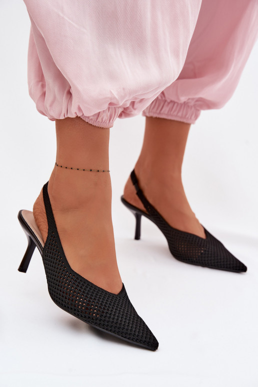 Moteriškos basutėssuTinklelisgo Medžiagau su plonais kulniukais juodos spalvos Emiliana