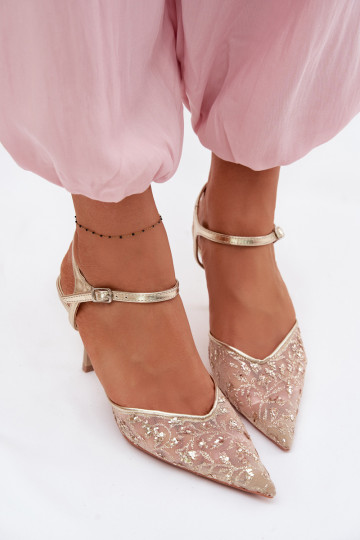 Tinklelis Moteriškos basutės su plonais kulniukaissusu blizgesiuującym Zdobieniem aukso spalvos Laria