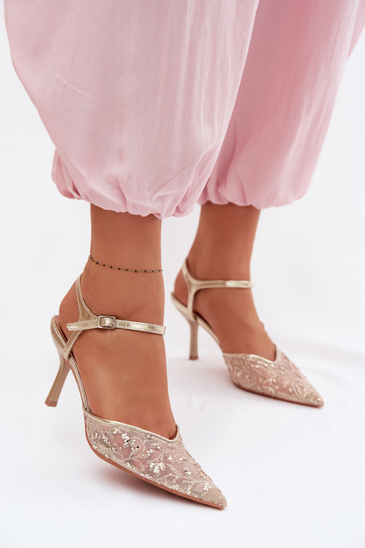 Tinklelis Moteriškos basutės su plonais kulniukaissusu blizgesiuującym Zdobieniem aukso spalvos Laria