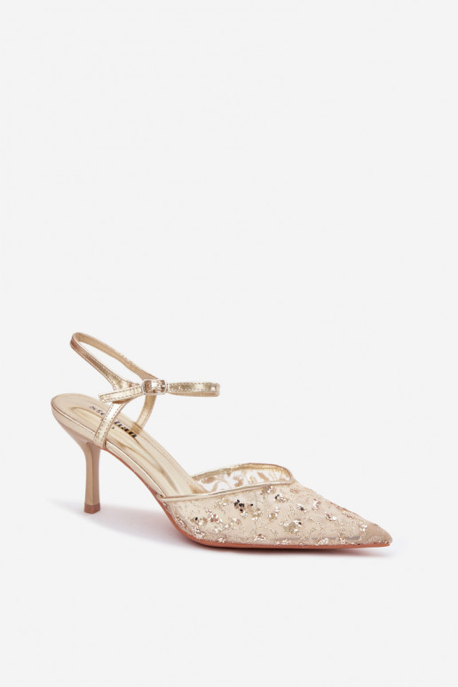 Tinklelis Moteriškos basutės su plonais kulniukaissusu blizgesiuującym Zdobieniem aukso spalvos Laria