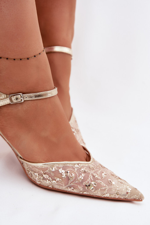 Tinklelis Moteriškos basutės su plonais kulniukaissusu blizgesiuującym Zdobieniem aukso spalvos Laria